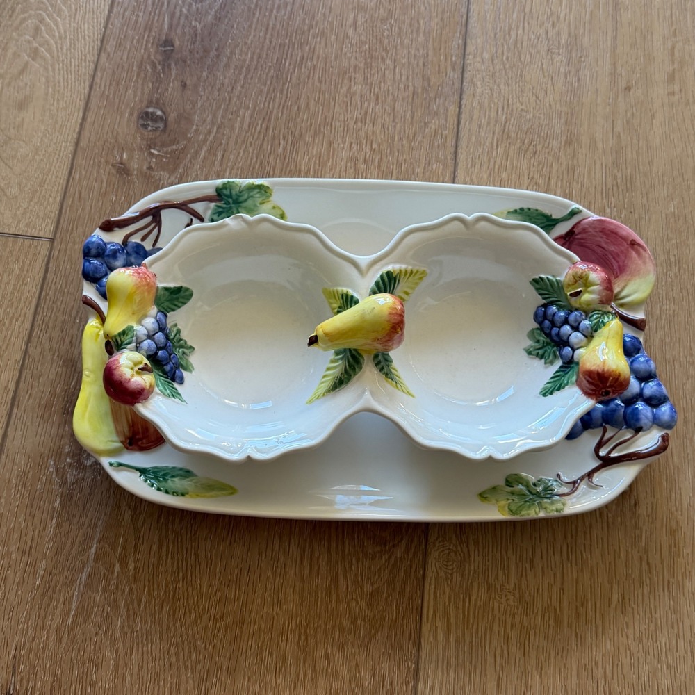 Vintage Italian Majolica Ceramic Fruit Platter and Double Bowl Set Made in Italy